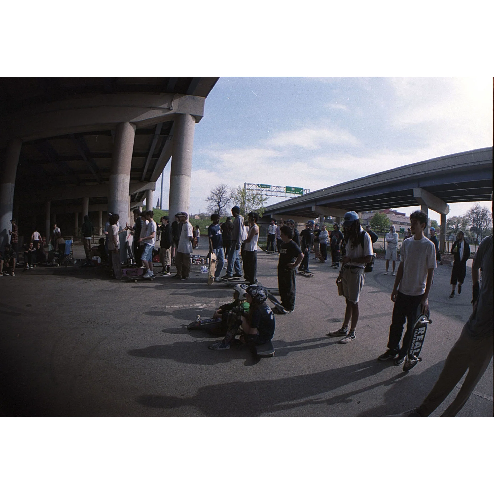 Wide angle photo of a bunch of skaters enjoying their time at the National DIY Anniversary Skate Jam. Photo by Dylan Shanahan.